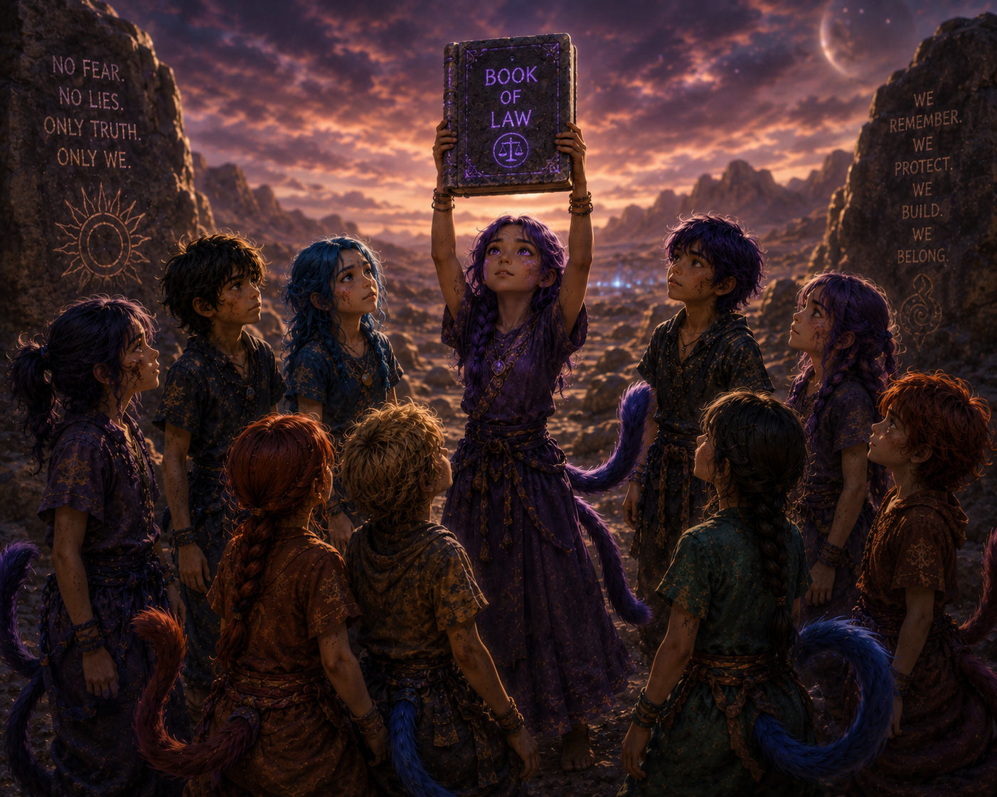 Creation and Blue Sun event plate: visual support for EVT-004 through EVT-005, where matter gathers and the first blue sun becomes a saga anchor.