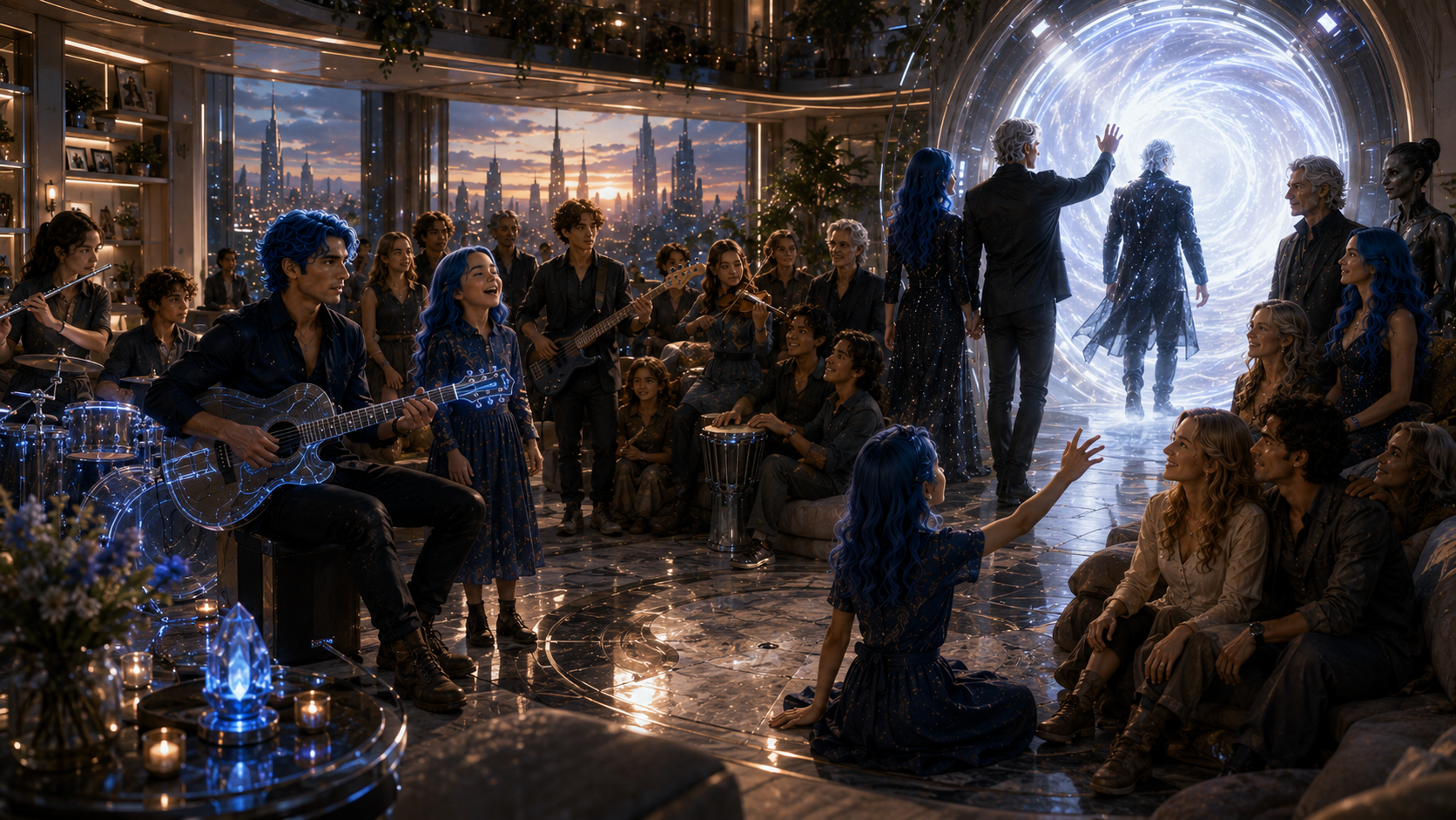 Family members play music while a figure walks through a luminous circular passage.