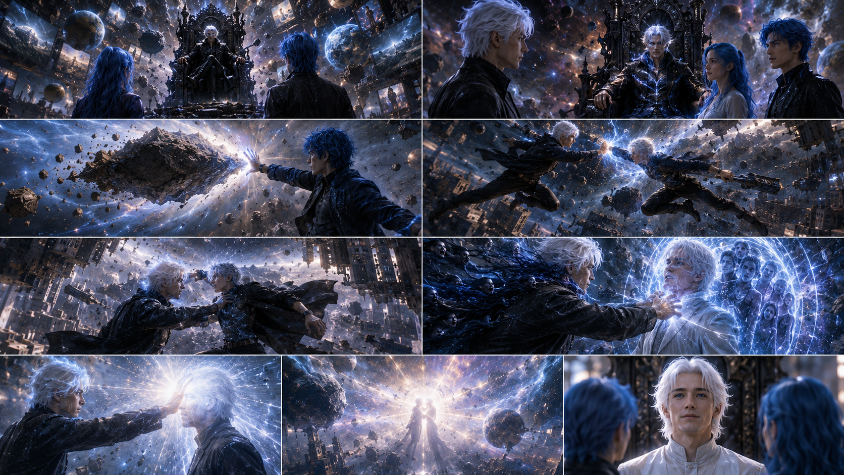 Cosmic confrontation between alternate silver-haired figures among shattered worlds, ending in reconciliation.