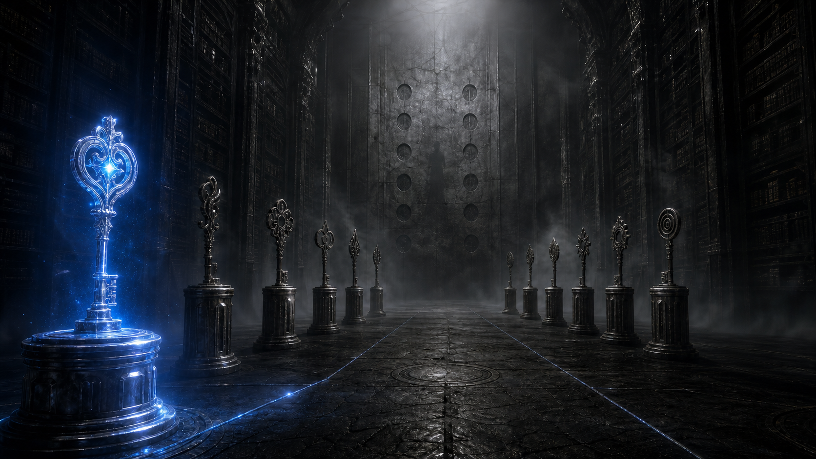 A dark hidden archive containing many keys, with the Key of Love illuminated in blue.