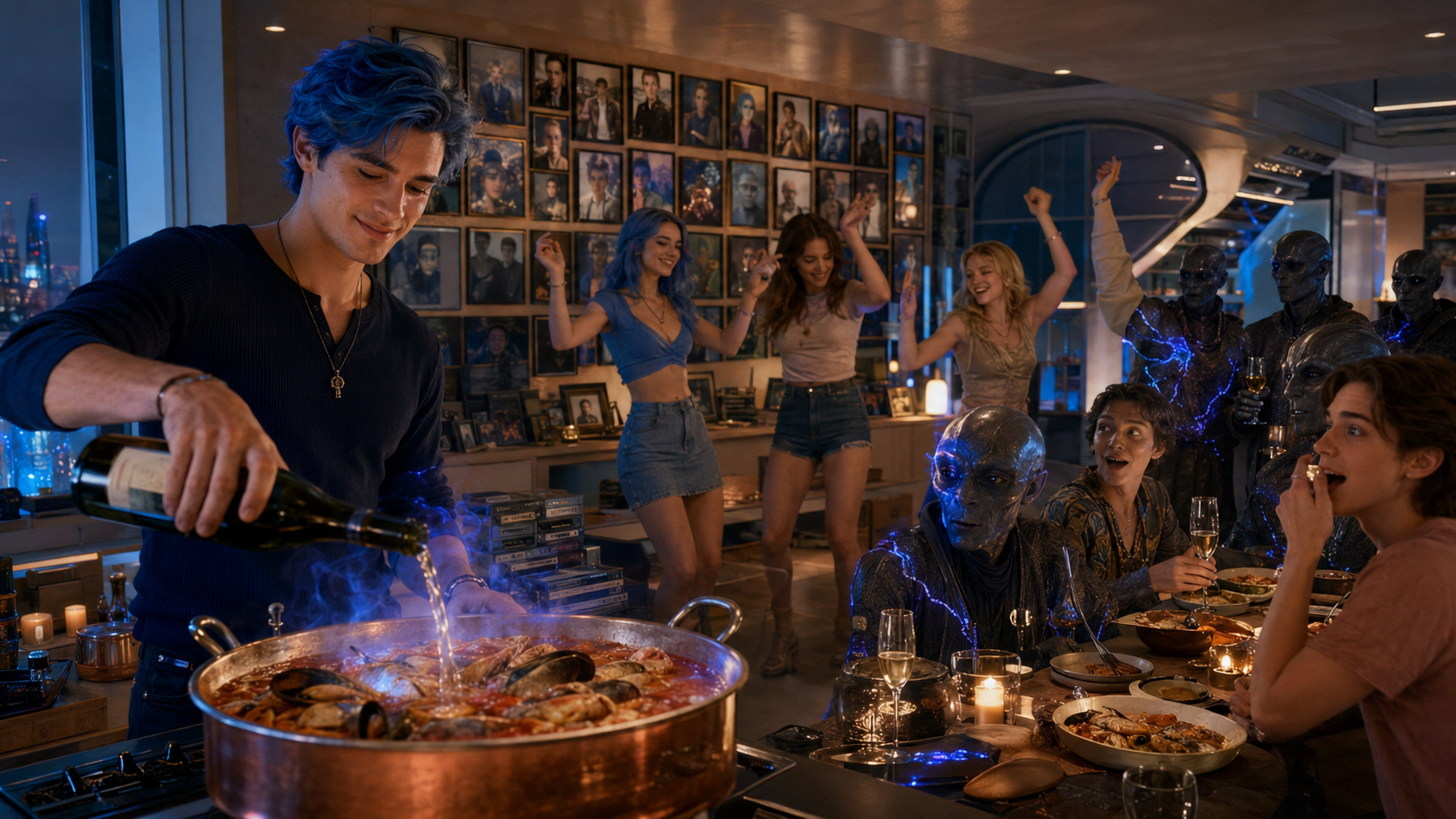 A blue-haired man prepares a shared meal while human and nonhuman guests celebrate together.