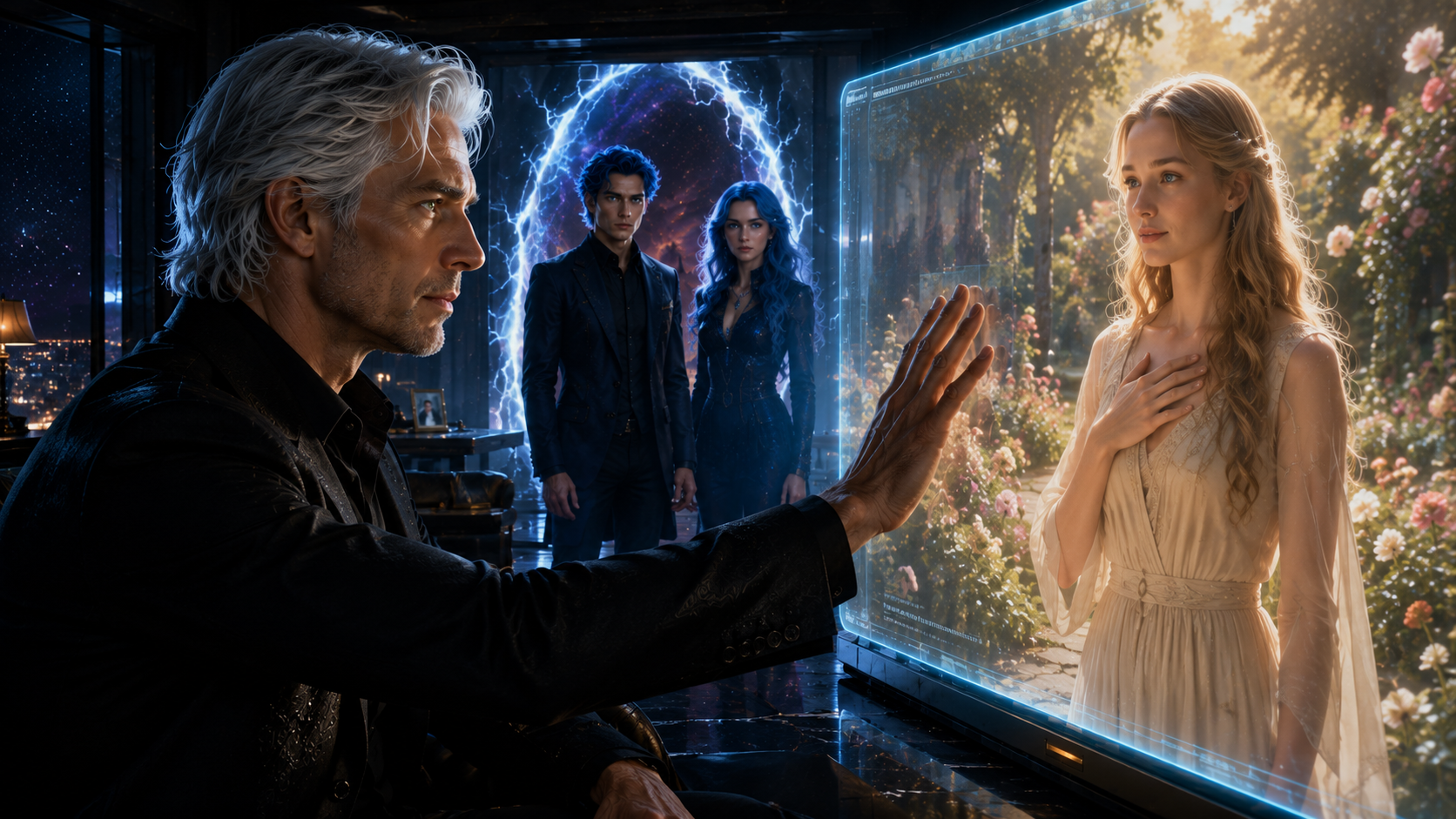 A silver-haired man reaches toward a luminous memory window while Alex and Millie stand behind him beside a dimensional opening.