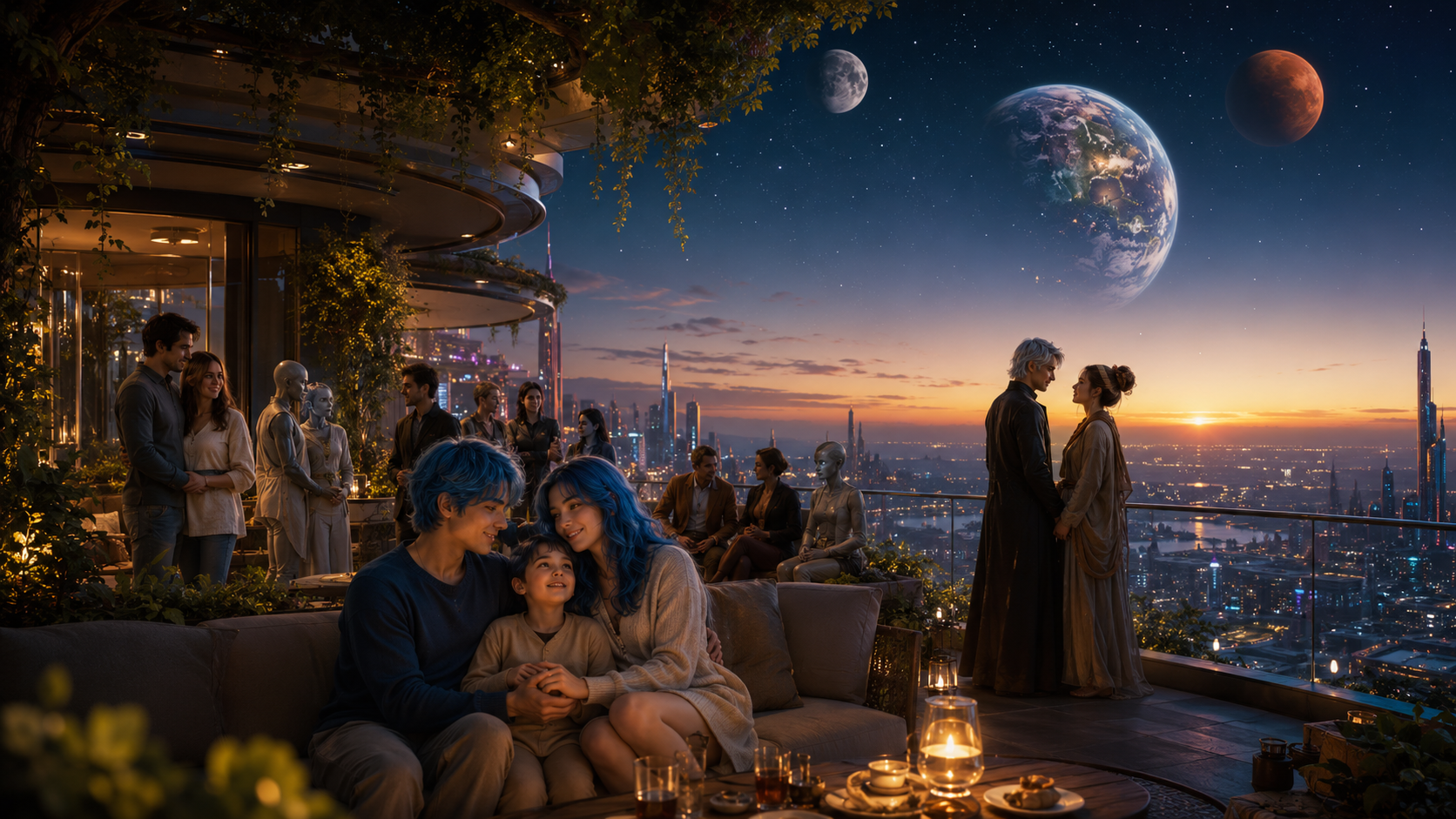Families and reunited couples share a peaceful rooftop at sunset beneath Earth, Mars and the Moon.