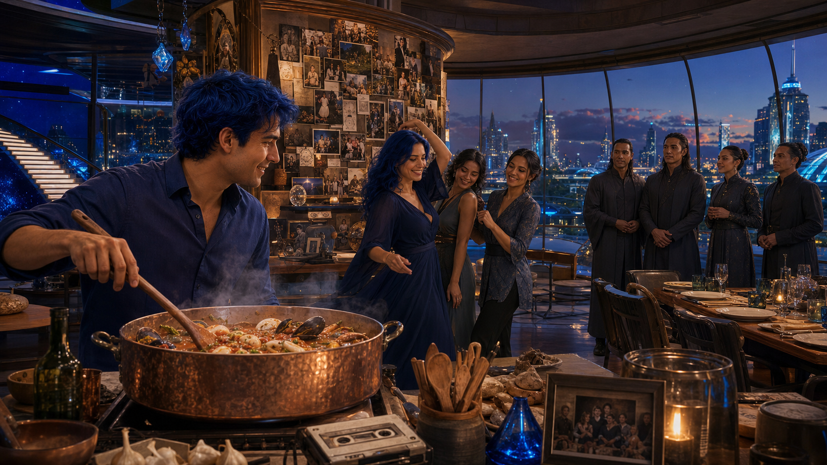 A joyful family meal in a futuristic home where cooking and dancing bring many generations together.