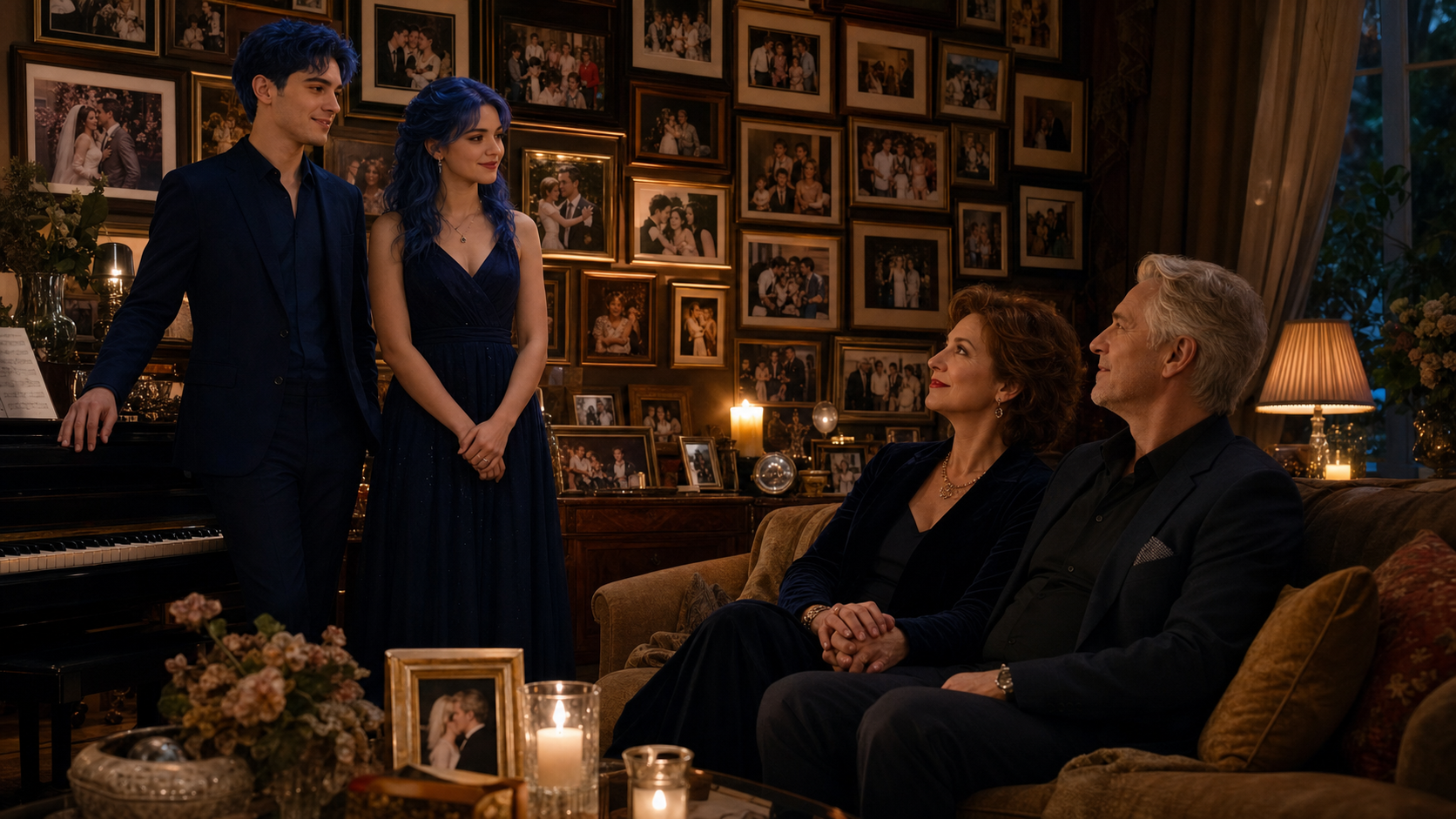 Alex and Millie stand beside a piano before Margaret and her husband in a room filled with family photographs.