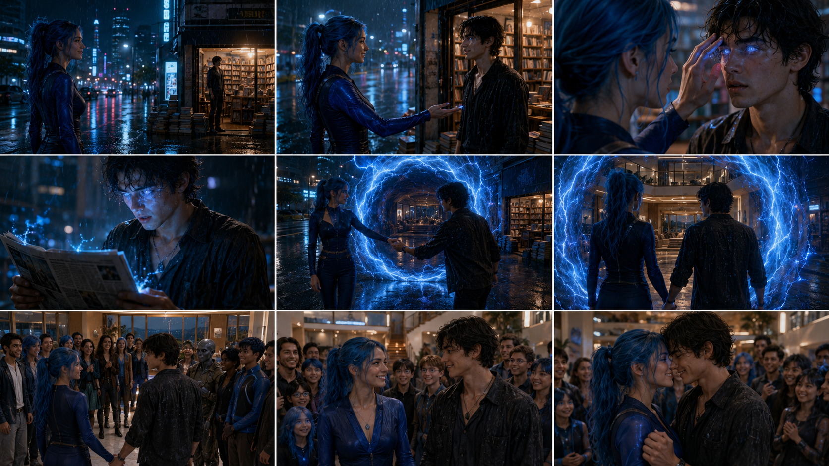 A blue-haired woman finds a young man outside a bookshop in the rain, awakens his memories, and brings him through a portal to family.