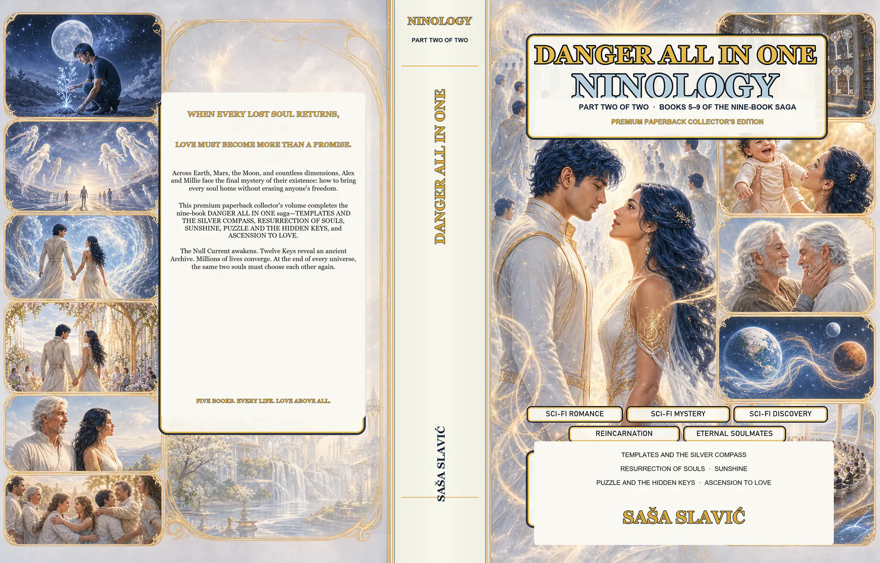 Complete pale-blue back, spine, and front paperback wrap for Ninology Part Two, Books 5–9