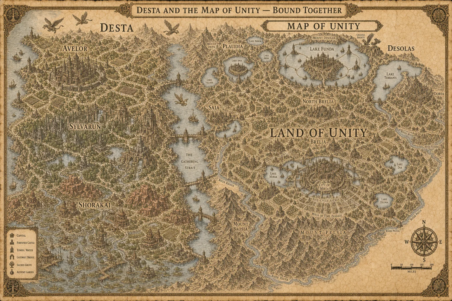 Detailed parchment map of Desta and the Land of Unity bound together