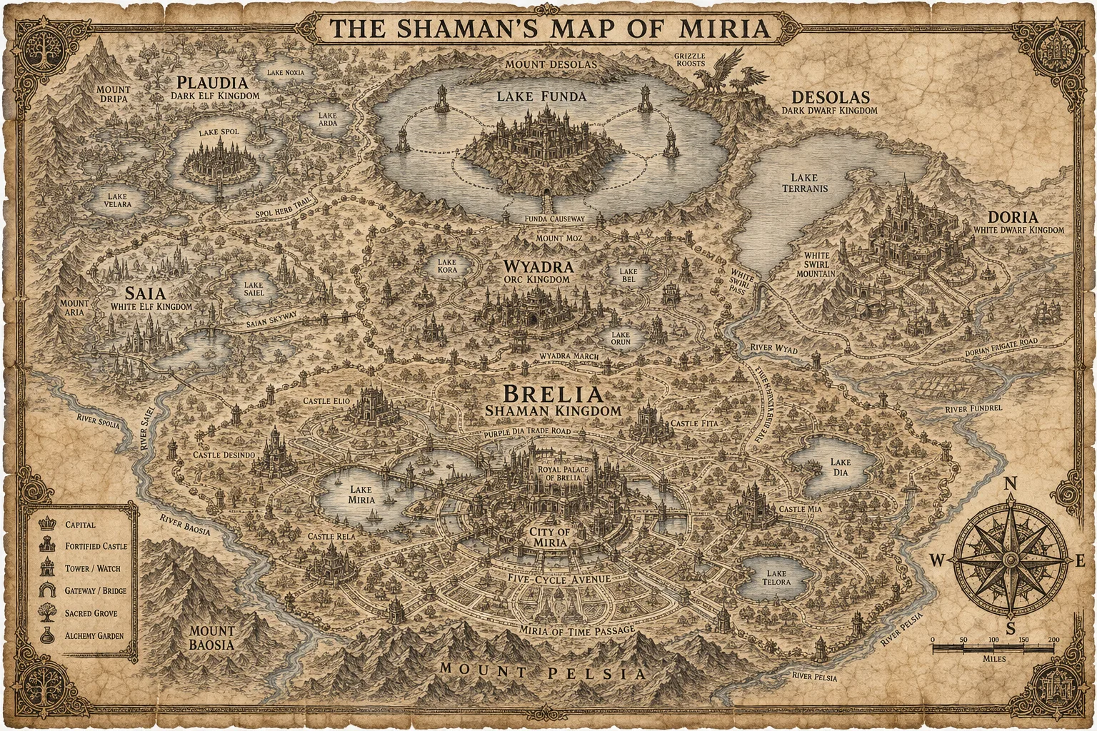 Illustrated parchment map of the Land of Miria showing Brelia, allied kingdoms, enemy territories, mountains, rivers, and lakes