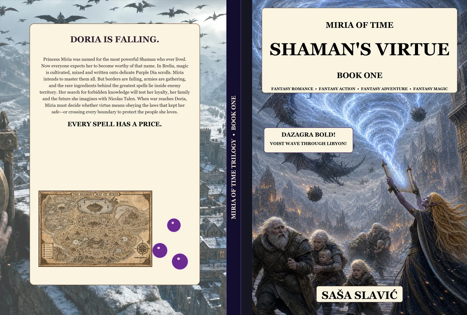 Complete back, spine, and front 7 by 10 hardcover wrap for Miria of Time: Shaman's Virtue