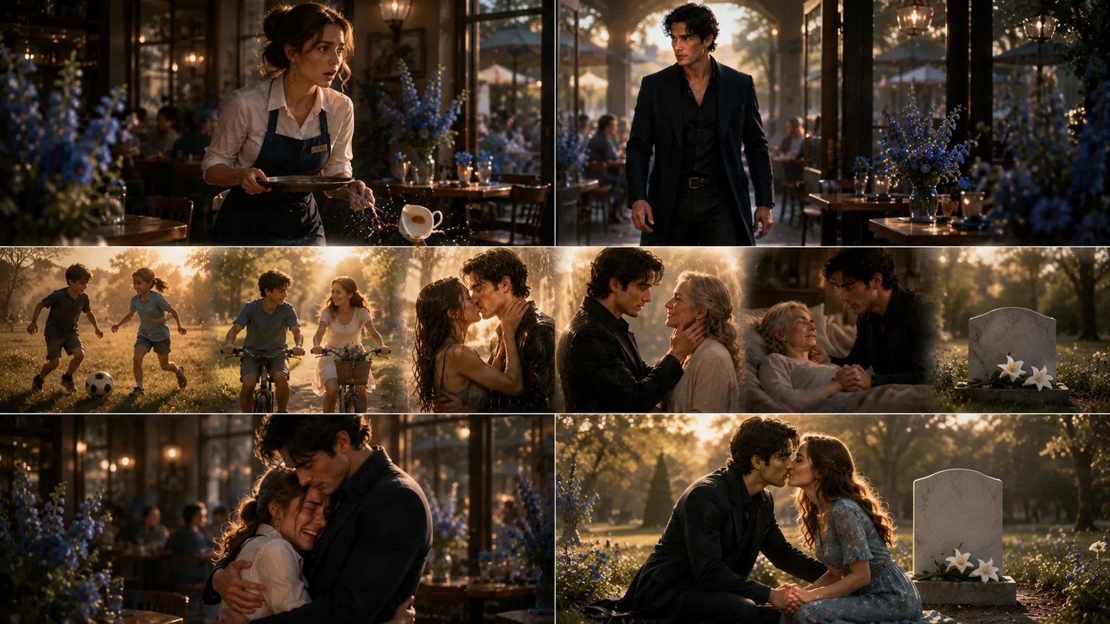 A cinematic montage of a couple meeting, growing together, aging, grieving and finding one another again.