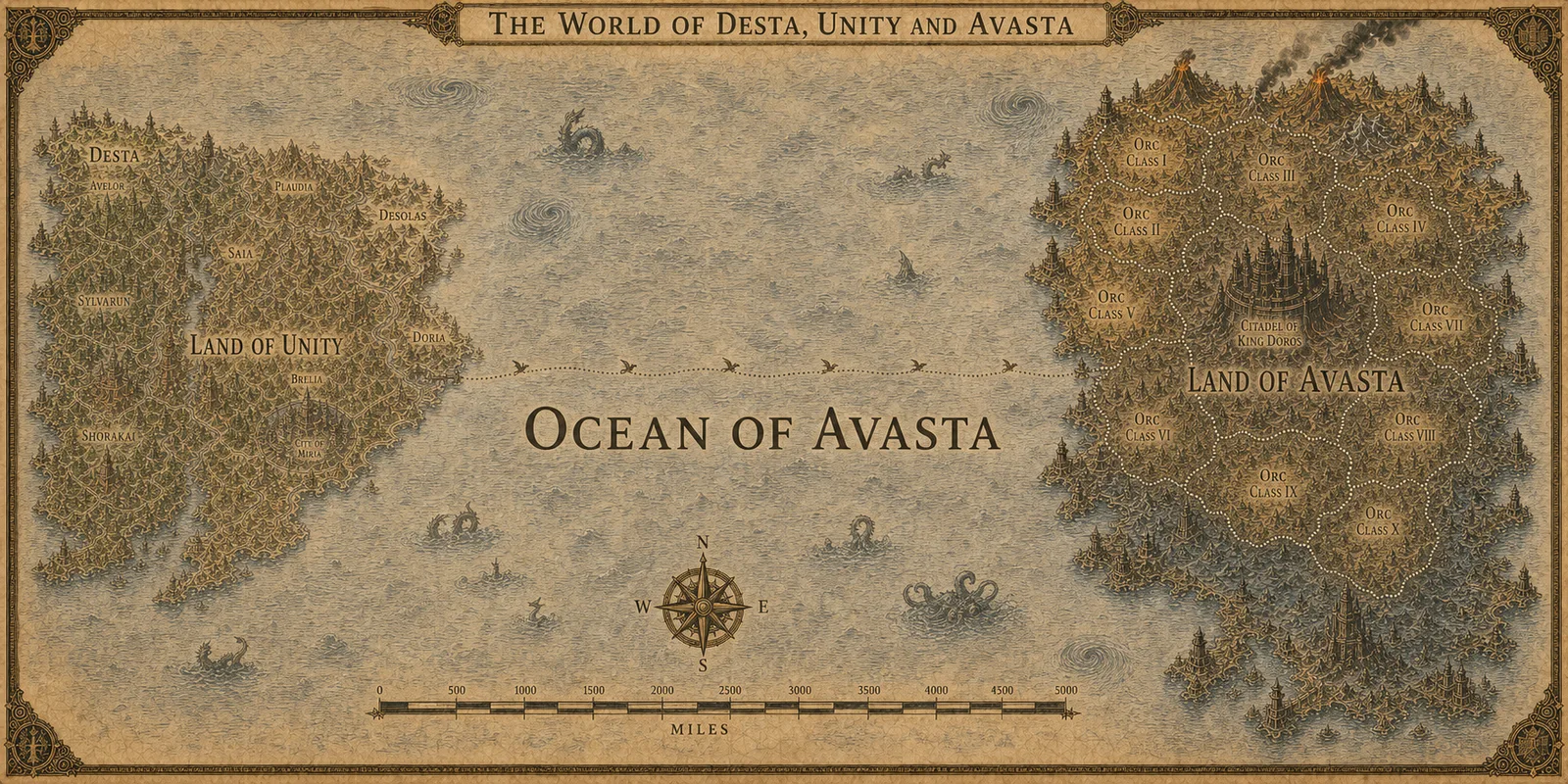 Parchment world map of Desta, Unity, the Ocean of Avasta, and Avasta's ten Orc classes
